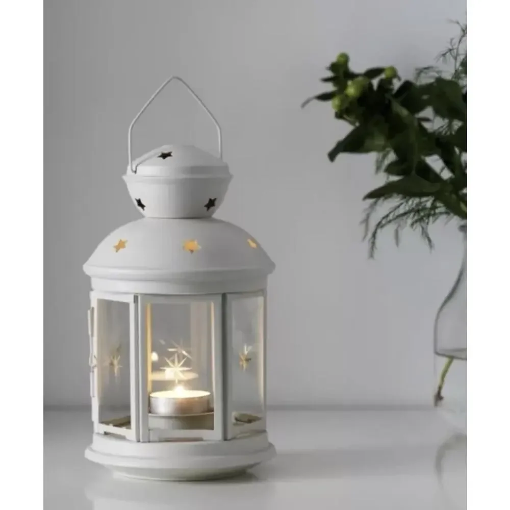 IKEA Rotera Lantern Red Tea Light Candle Holder Metal Glass Hanging Star Cutouts